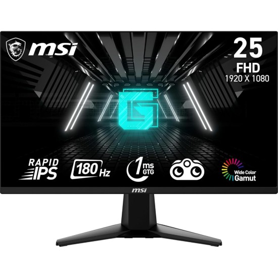 MSI G255F، شاشة ألعاب مقاس 24.5 بوصة، 1920 × 1080 (FHD)، Rapid IPS، 1 مللي ثانية، 180 هرتز، HDR Ready، HDMI، Displayport