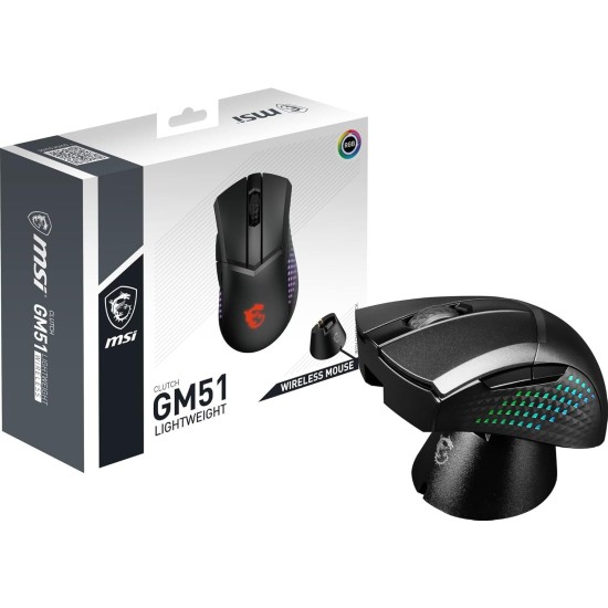 MSI Clutch GM51 Lightweight Wireless Gaming Mouse & Charging Dock, 26K DPI Optical Sensor, 2.4G & Bluetooth, 60M Omron Switches, Fast-Charging, 150Hr Battery, RGB, 5 Programmable Buttons, PC/Mac