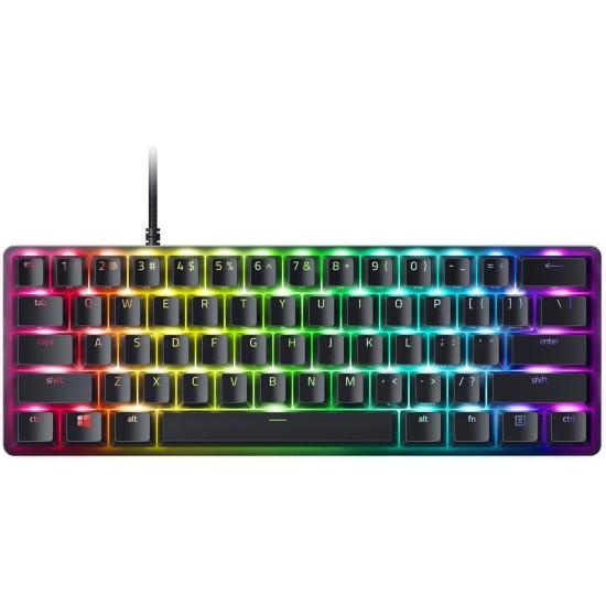 لوحة مفاتيح الألعاب Razer Huntsman Mini 60%، مفتاح أرجواني، مفاتيح بصرية ميكانيكية، أغطية مفاتيح Doubleshot PBT، كابل USB-C قابل للفصل، تخطيط أمريكي - أسود