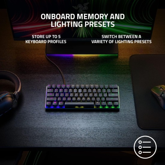 لوحة مفاتيح الألعاب Razer Huntsman Mini 60%، مفتاح أرجواني، مفاتيح بصرية ميكانيكية، أغطية مفاتيح Doubleshot PBT، كابل USB-C قابل للفصل، تخطيط أمريكي - أسود