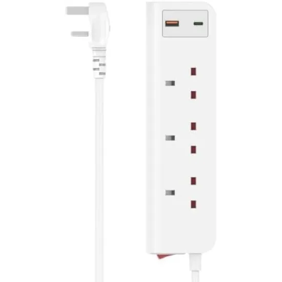 Hama D3223861 3-Way USB C/A 20W PD UK Plug Power Strip, 2 Meter Length, White