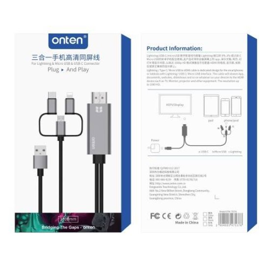 Onten 3-in-1 (Type-C, Micro, Lighting) to HDMI Adapater